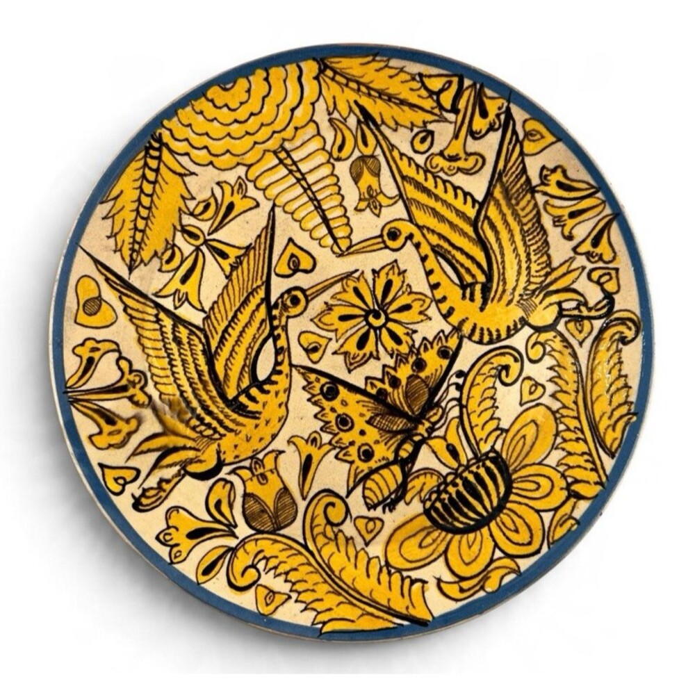 Vtg 1930s Mexican Tlaquepaque Fantasia Pottery Plate 11” Yellow Bird Folk Art